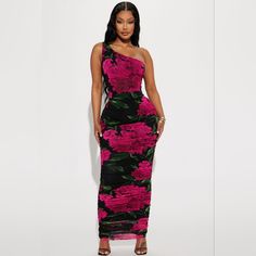 Fashion Nova Rose Flower Pink Ruched Side Dress. Size Xl Pink One-shoulder Ruched Maxi Dress, Chic Rose Print Maxi Dress For Party, Pink Floral Dress For Evening, Pink Ruched Maxi Dress For Garden Party, Chic Pink Floral Dress For Evening, Pink Ruched Floral Dress For Garden Party, Chic Pink Rose Print Maxi Dress, Baby Blue Maxi Dress, Fashion Nova Plus Size