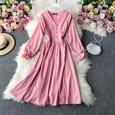 Simple v neck long sleeve dress A line fashion dressFabric: blendedColor: black, pink, blue, yellow, green, light greenSize(cm): free sizelength 106 bust 105 sleeve length 56 Pink V-neck Maxi Dress For Fall, Pink Solid Color V-neck Midi Dress, Winter Pink V-neck Midi Dress, Pink V-neck Maxi Dress Solid Color, Pink Long Sleeve Maxi Dress For Winter, Spring V-neck Maxi Dress In Solid Color, Pink V-neck Solid Color Dress, Spring V-neck Long Sleeve Dress In Solid Color, Fitted Long Sleeve V-neck Dress In Solid Color