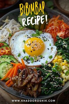 a bowl filled with different types of vegetables and an egg on top of the bowl