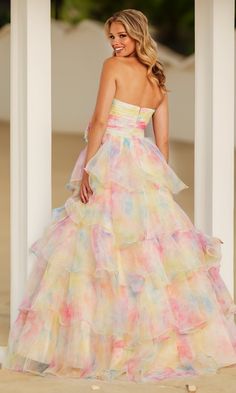 Strapless ivory print a-line ball gown with rosette on the pleated bodice and ruffle layers. Bday Dresses, Designer Prom Dress, Prom Inspiration, Elegant Ball Gowns, Pretty Quinceanera Dresses, Stunning Prom Dresses, Preppy Dresses, Prom Ideas, Dream Dresses