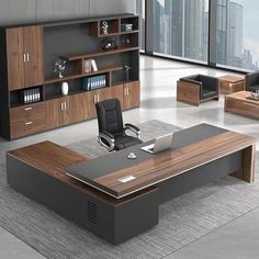 an office desk in the middle of a room