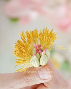 a hand holding a tiny yellow flower with pink flowers in it's center and two petals on the top