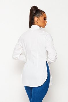 Expertly crafted from high-quality solid cotton, our White Solid Cotton Shirt offers a comfortable and stylish fit with its stretch fabric and long sleeves. The classic button-down design adds a touch of sophistication to any outfit. Perfect for a professional or casual look. Fabric & fit: 97% COTTON 3% SPANDEX Model is wearing size Small. White Solid, Womens Long Sleeve Shirts, Office Outfits, Atom, White Shirt, Capsule Wardrobe, Women Long Sleeve, Cotton Shirt, White Undershirt