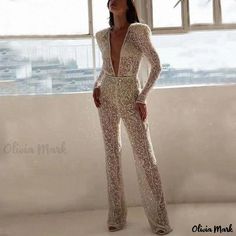 Olivia Mark - Stylish and Sensual Long Sleeve Jumpsuit with Golden Sheen Rock My Style, Long Sleeve Swimwear, Floral Print Jumpsuit, Bodysuit Jumpsuit, Long Sleeve Jumpsuit, Tapered Pants, Wide Leg Jumpsuit, High Collar, Neck Designs