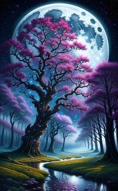 a painting of a tree with pink flowers in the background and a full moon behind it