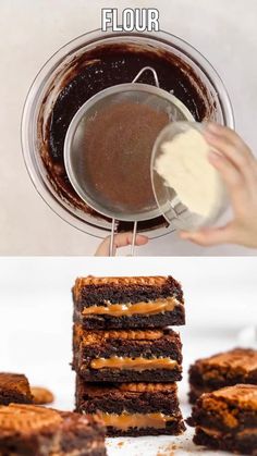 chocolate brownies being made in a blender and then stacked on top of each other