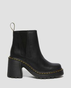 Spence Leather Flared Heel Chelsea Boots in Black | Dr. Martens Heel Chelsea Boots, Black Dr Martens, Heeled Chelsea Boots, Shoe Brushes, Black Chelsea Boots, Goodyear Welt, Nappa Leather, On Shoes, Over 50