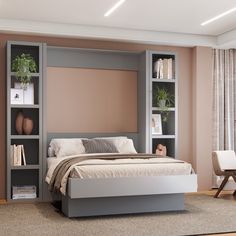 a bed sitting in the middle of a bedroom next to a book shelf