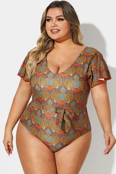 V-Neck Flutter Sleeve Belt One Piece Swimsuit Printed V-neck Beachwear One Piece, Summer V-neck Printed Bodysuit, Summer Short Sleeve Bodysuit For Vacation, Vacation V-neck Printed Bodysuit, Multicolor V-neck Bodysuit For Vacation, Summer Printed V-neck Bodysuit, Printed V-neck Bodysuit For Poolside, Printed V-neck Bodysuit For Pool, Printed V-neck Bodysuit For The Pool