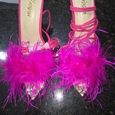 Beautiful Pink Sandal With Feathers That Strap Around The Ankles Pink Sandals With 4-inch Heel For Evening, Pink Sandals With Heel Strap For Party, Pink Round Toe Sandals For Party, Pink Open Heel Sandals For Night Out, Pink Ankle Strap Sandals For Party, Pink Heel Strap Heels For Party, Pink Round Toe Heels For Party, Pink High Heel Heels For Party Season, Glamorous Pink Sandals With Round Toe