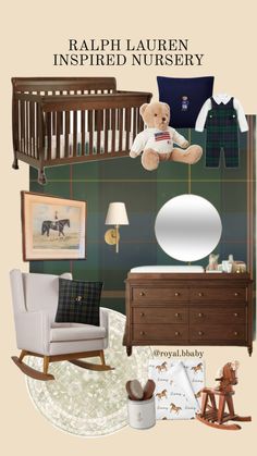 a baby's nursery room with green and brown wallpaper, white rocking chair, wooden crib, teddy bear