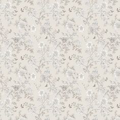 a white and grey floral wallpaper with lots of flowers on the top of it