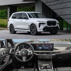 the inside and outside view of a white bmw suv