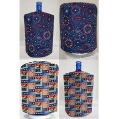 four different views of a blue vase with red, white and blue designs on it