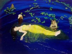 an image of a woman floating in the water with monkeys on her back and other animals around her