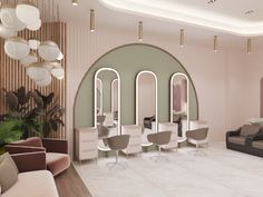 the interior of a salon with chairs and mirrors