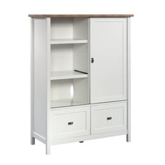 a white bookcase with two drawers and one door on the bottom shelf is open