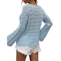 Blue Crochet Hollow-out Pullover Sweater Blue Open Knit Long Sleeve Tops, Casual Light Blue Pointelle Knit Sweater, Casual Light Blue Open Knit Sweater, Drawstring Sleeve, Sleeves Sweater, Blue Crochet, Bell Sleeve Sweater, Knitted Top, Winter Sweaters