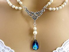 Bridal Jewelry, Bridal Necklace, Wedding Necklace, Romantic Victorian Necklace, Something Blue, Swar Pearl Wedding Necklace, Swarovski Pearl Necklace, Victorian Necklace, Pearl Necklace Wedding, Bling Necklace, Medieval Jewelry, Head Jewelry, Necklace Sets, Swarovski Necklace