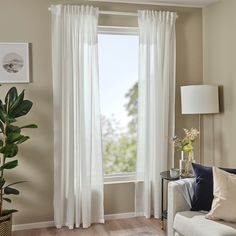 a living room with a couch, chair and window covered in white drapes next to a potted plant