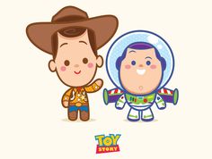 two cartoon characters, one in a cowboy hat and the other in a toy story costume