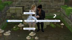 a man and woman sitting on a bench next to each other with text bubbles above them