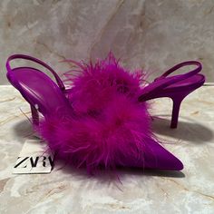 This Is An Incredible Gorgeous Pair Of Fuchsia Color Slingback Heels. They Are Two Inch Heel Satin Base With Feather Trim. They Say A Size 39. I Wear An 8 So They Do Run Small . I Think They Are Maybe 7 1/2, Because Of The Narrow Toe. If You Have A Narrow Foot This Would Work For Size 8. Zara Open Heel Slingback Pumps For Party, Purple High Heel Slingback Pumps For Spring, Spring Purple Slingback Pumps With Heel Strap, Purple Slingback Pumps For Spring, Chic Purple Slingback Pumps For Spring, Purple Slingback Pumps For Spring Party, Spring Party Purple Slingback Pumps, Purple High Heel Slingback Pumps For Summer, Purple High Heel Slingback Pumps With Heel Strap