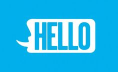 the word hello written in white on a blue background with an image of a dog's head