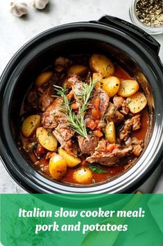 A rustic Italian crockpot meal with savory pork and rosemary-seasoned potatoes. Crockpot Chicken, Family Dinner, Cooker Recipes