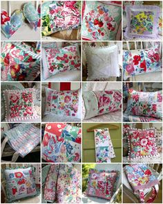 many different pictures of pillows and blankets on display in a collage with the same pattern