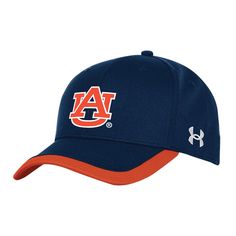 Complete your Auburn Tigers game day look with this Sideline Blitzing Accent Flex Hat from Under Armour. This Auburn Tigers hat features six panels with eyelets for added ventilation, keeping your head cool and comfortable whether you're cheering from the sidelines or out and about. The team logo and wordmark are proudly displayed with embroidered details on the front and back, making it clear which team you're rooting for. Baseball Cap For Tailgating During Baseball Season, Collegiate Baseball Cap With Curved Brim For Game Day, Curved Brim Collegiate Baseball Cap For Game Day, Curved Visor Hats For Baseball Season Game Day, Team-colored Adjustable Fitted Hat With Curved Brim, Navy Curved Brim Hat For Game Day, Collegiate Navy Baseball Cap, Collegiate Sports Baseball Cap, Collegiate Navy Hat For Game Day