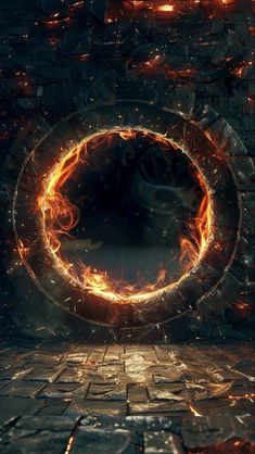 an image of a fire ring in the middle of a brick wall with flames coming from it