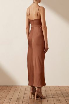 Luxe Twist Front Sleeveless Midi Dress | Mocha | Dresses | Shona Joy – Shona Joy International Brown Party Dress With Ruched Bodice, Fitted Brown Satin Midi Dress, Elegant Brown Slip Dress For Evening, Brown Sleeveless Dress With Ruched Bodice, Chic Brown Satin Slip Dress, Sleeveless Brown Satin Slip Dress, Brown Satin Sleeveless Slip Dress, Brown Satin Sleeveless Maxi Dress, Brown Sleeveless Ruched Maxi Dress