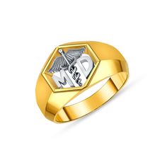 "14k solid yellow and white gold men's MD ring. High polish finish. top measures 1/2\" wide." Modern White 14k Gold Signet Ring, Formal 14k Gold Initial Ring, White Gold 14k Wide Band Signet Ring, White Gold Hallmarked Wide Band Signet Ring, Polished 14k Gold Initial Ring, White 14k Gold Hallmarked Engraved Ring, Medical Jewelry, Medical Doctor, Soft Bristle Brush