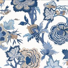 a blue and white wallpaper with large flowers on the left side, and smaller flowers on the right side