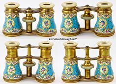 four different views of the same blue and gold binoculars with their lids closed, one is looking into the distance