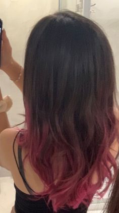 Dark Hair Dyed Pink, Black To Magenta Ombre Hair, Pink Tips Hair Black, Brown To Magenta Ombre Hair, Dark Cherry Pink Hair, Dark Brown Hair With Pink Tips, Magenta Tips Hair, Colored Tips Hair Brunette, Dark Pink Dyed Hair