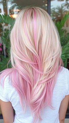 Blonde And Pastel Pink Hair, Blonde And Pink Peekaboo, Blonde Hair With Peekaboo Color Fun, Barbie Pink Highlights, Pink Hair Blonde Money Piece, Platinum Blonde Hair With Color Pop, Blonde With Color Highlights, Blonde With Peekaboo Color, Blonde Hair With Peekaboo Color