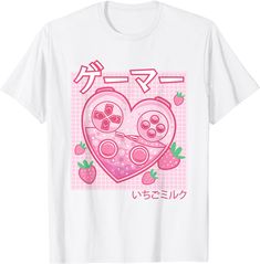 a white t - shirt with an image of two hearts and strawberrys on it