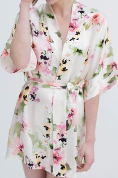 Wrap yourself in luxury…this pure silk kimono style robe features our new Watercolor dreams print. Inspired by the wanderlust of Spanish Summer gardens, designed in-house and printed onto silk satin that feels amazing to the touch and drapes effortlessly. A beautiful getting ready bridal robe for you, your bridesmaids and as honeymoon loungewear. Relaxed drape and an impeccable fit. A modern design with a hint of retro covers you in gorgeous watercolor florals. Fully lined cuffs and neckband, Fr Spanish Summer, Silk Kimono Robe, Bridal Robe, French Seam, Kimono Style, Bridal Robes, Silk Kimono, Kimono Fashion, Silk Ties