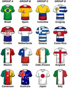 soccer jerseys in different colors and sizes, all with the country's flag