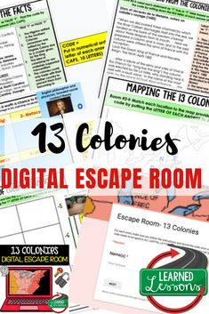 the 13 colonial countries escape room with text overlaying it that reads, 15 colonials digital escape room