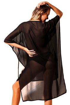 Rhinestone V Neck Black Sheer Kimono Beach Cover Up Dress Black Sheer Swimwear For Beach Cover-up, Black Sheer Cover-up For Beach Season, Black Sheer Cover-up For Summer, Black Sheer Summer Cover-up, Black Open Front Cover-up For Vacation, Black V-neck Cover-up For Vacation, Black Beach Cover-up Dress For Vacation, Summer Black Open Front Cover-up, Flowy Black Summer Cover-up