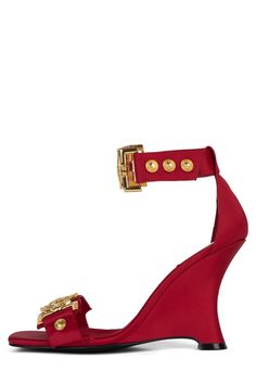 Luxury Red Sole Wedge Sandals, Luxury Wedge Sandals With Ankle Strap And 4-inch Heel, Jeffrey Campbell Linques Sandals, Lion Emblem, Yellow Synthetic Sandals With 4-inch Heel, Red Open-toe Synthetic Wedge Sandals, Brown Satin, Red Satin, Wedge Sandal