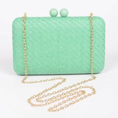 This Khaki Wicker Clutch is a must-have summer accessory. The hard clutch design is perfect for a day at the beach or a night out on vacation. With a removable chain, it can be worn as a crossbody for added convenience. Elevate your summer fashion game with this versatile and stylish piece. Green Shoulder Bag For Summer Parties, Green Summer Party Shoulder Bag, Green Summer Party Bags, Summer Crossbody Clutch For Everyday Use, Summer Everyday Crossbody Clutch, Summer Beach Shoulder Bag With Chain Strap, Beach Shoulder Bag With Chain Strap For Summer, Spring Vacation Shoulder Bag With Chain Strap, Trendy Rectangular Spring Clutch