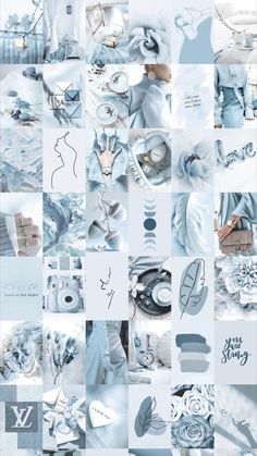 a collage of blue and white images with the words love is in the air