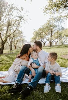 a family sitting on a blanket in the grass with their baby boy and mother kissing him