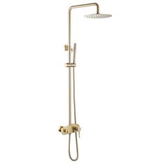 an overhead shower head with thermostaer and hand showerhead in polished brass