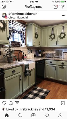 the kitchen is decorated for christmas with wreaths on the cabinets, and black and white checkered rug