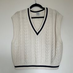 Whisper White/Classic Navy. Model Picture Is Just To Show Item On Model From Site, But Not For Color. Worn Once. In Brand New Condition. White Sleeveless Preppy Top, White Knit Preppy Tops, White Preppy Knit Tops, Model Pictures, Cool Sweaters, Sweater Vest, Sweaters For Women, Brand New, White